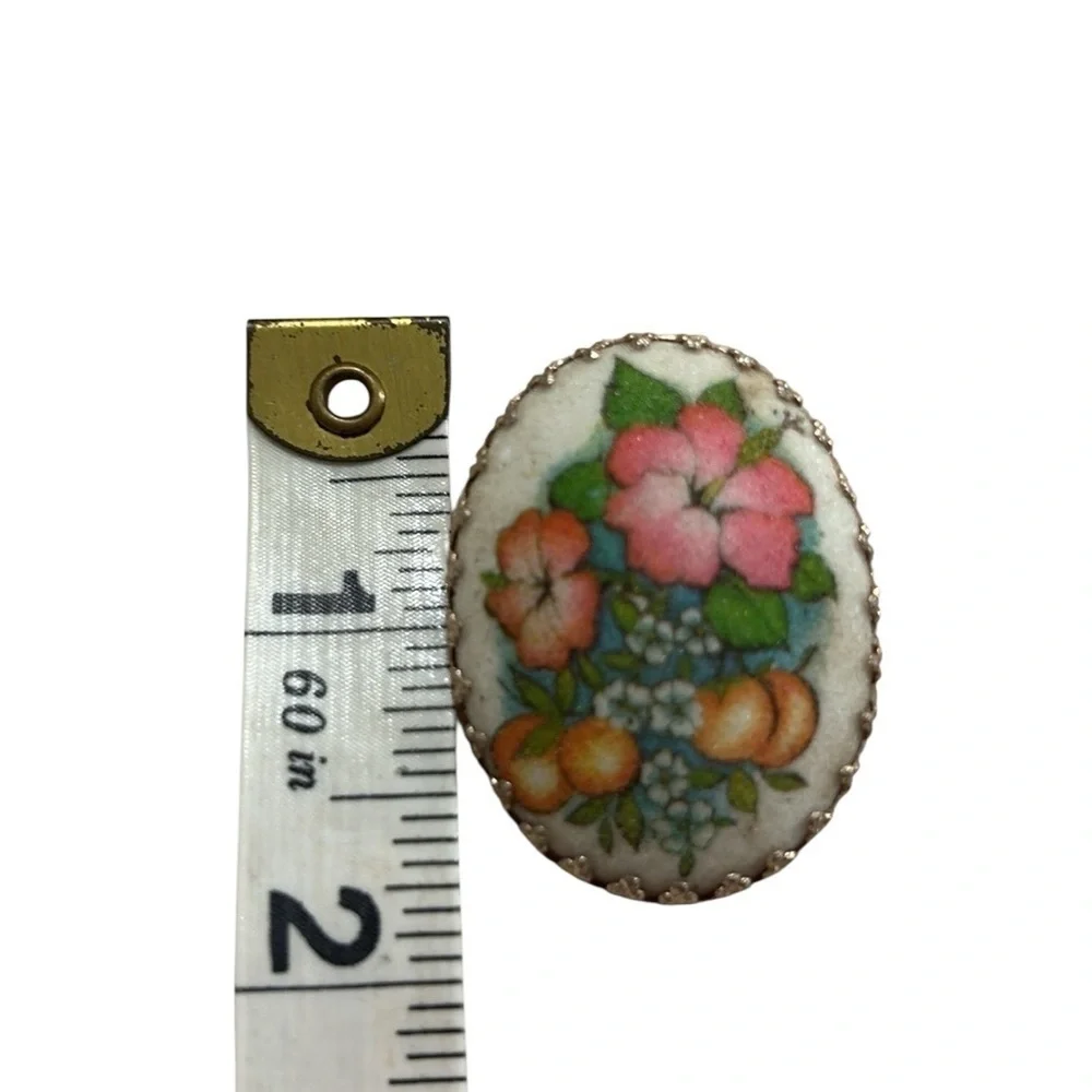 Vintage West Germany Sugar coated Brooch Hibiscus and Peaches, gold edged, pin